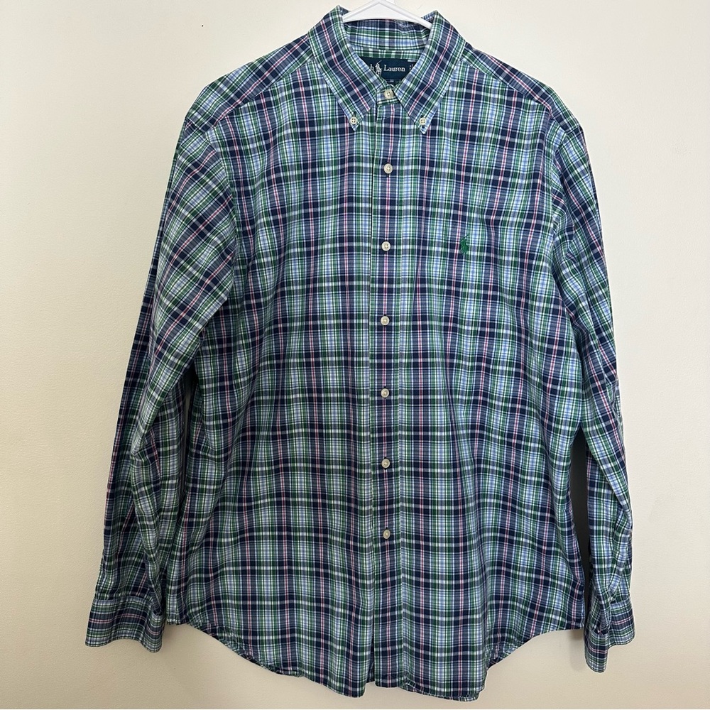 Ralph Lauren Polo Button Up Shirt Men Large Blue Green Plaid Long Sleeve Pony‎
